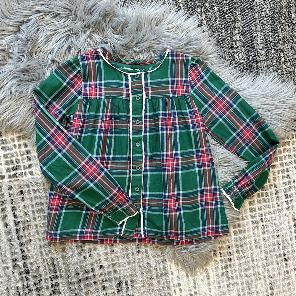 Boden Girls Green-Blue-Red Plaid Holiday Round Neck & Lace Button Up 11/12Y